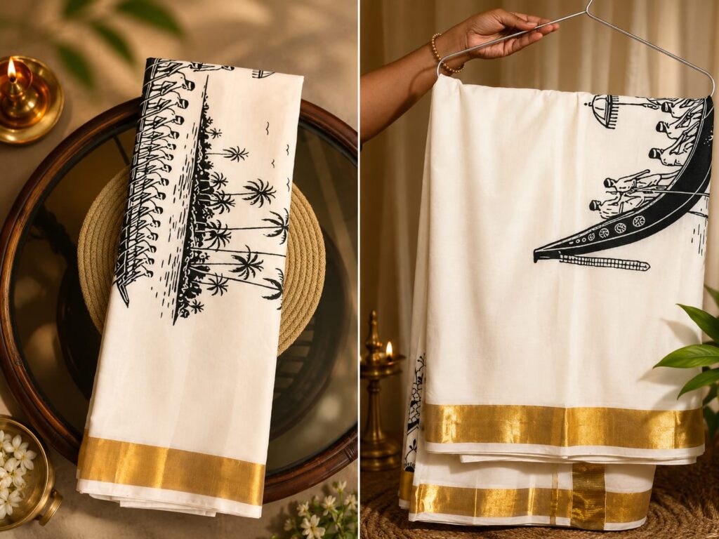 Vanchi Kasavu Saree(With Vallam Kali Print)