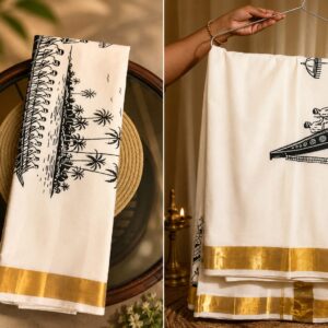 Vanchi Kasavu Saree(With Vallam Kali Print)